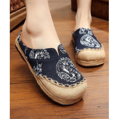 Comfy Navy Print Linen Fabric Slippers Shoes