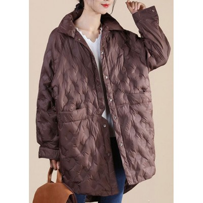 Coffee Stand Collar Button Loose Winter Puffers Long Down Jacket