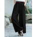 Women Solid Color Lace  Up Vintage Embroidery Wide Leg Pants With Pocket