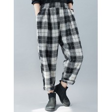 Women Plaid Color Block Elastic High Waist Side Pocket Harem Pants