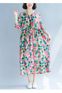 Loose rose dotted prints cotton linen Wardrobes short sleeve Kaftan summer Dress