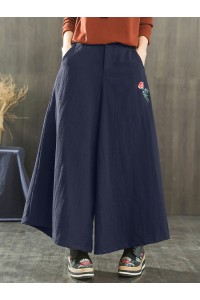 Women Wide Leg Embroidery Ninth Cotton Pants with Pocket