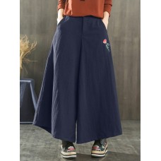 Women Wide Leg Embroidery Ninth Cotton Pants with Pocket