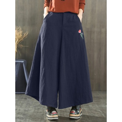 Women Wide Leg Embroidery Ninth Cotton Pants with Pocket