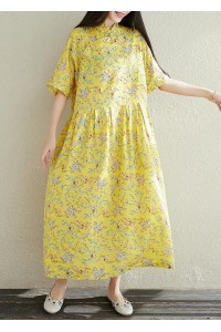 Women yellow prints cotton clothes For Women stand collar A Line summer Dresses