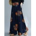 Women Vintage Floral Print Elastic Waist Casual Loose Wide Leg Pants With Pocket