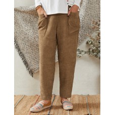 Women Khaki Corduroy Side Pockets Ankle Length Pants