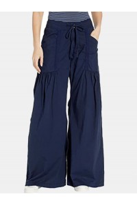 Women Solid Color Elastic Waist Loose Wide Leg Pants With Pocket