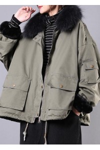 2019 army green casual outfit oversize snow jackets pockets faux fur collar winter coats