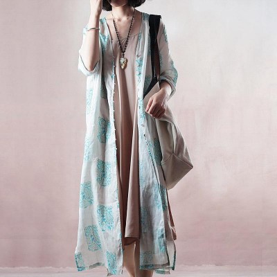 stylish blue print long linen dresses plus size clothing v neck side open traveling dress Fine half sleeve gown