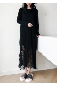 Italian black cotton dress hollow out Maxi summer patchwork Dress