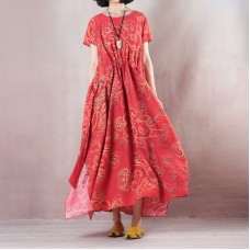 stylish red linen maxi dress casual O neck print traveling clothing women short sleeve baggy dresses linen caftans