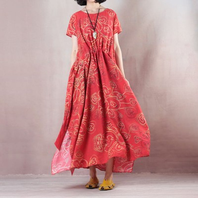 stylish red linen maxi dress casual O neck print traveling clothing women short sleeve baggy dresses linen caftans