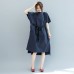 baggy dark blue long cotton dresses plus size o neck tie waist caftans vintage short sleeve dresses