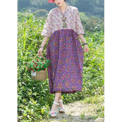 Modern purple patchwork Cotton clothes v neck Plus Size summer floral Dresses