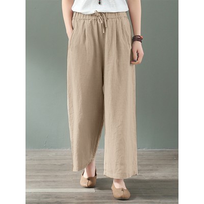 Women 100  Cotton Side Pockets Solid Color Elastic Waist Ankle Length Casual Pants