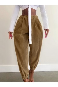 Women Corduroy Loose Solid Color Side Pockets Zipper Buttons Maxi Length Pants