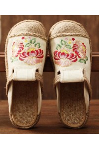 Simple Splicing Flat Shoes Beige Embroideried Cotton Linen Fabric