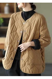 Hot Khaki O-Neck Pockets Button Winter Coats Parkas