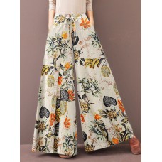 Women Vintage Floral Plant Print Drawstring Wide Leg Pants With Pocket