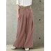 Women Solid Color Button Casual Loose Wide Leg Pants With Pocket