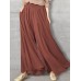 Women Solid Color Elastic Waist Loose Casual Wide Leg Pants With Pockets