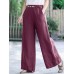 Women Solid Color Lace  Up Vintage Embroidery Wide Leg Pants With Pocket