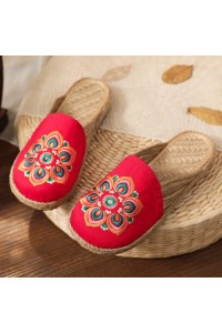 Red Embroideried Cotton Linen Fabric Slippers Shoes