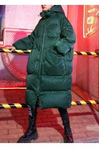 Luxury green winter parkas Loose fitting snow jackets winter hooded zippered coats