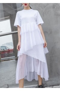 French white cotton Tunic patchwork tulle Robe summer Dresses