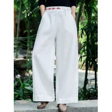 Women Solid Color Lace  Up Vintage Embroidery Wide Leg Pants With Pocket