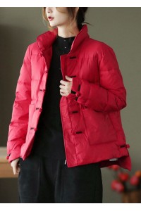 Vintage Red Stand Collar Button Pockets low high design Winter Down Coat