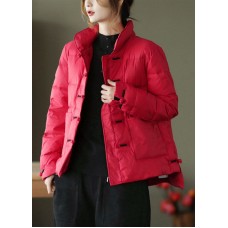 Vintage Red Stand Collar Button Pockets low high design Winter Down Coat