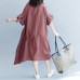 boutique burgundy cotton linen dress oversized O neck drawstring traveling clothing Fine Petal Sleeve baggy dresses