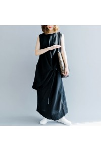 Elegant dark gray linen maxi dress oversized O neck baggy dresses linen clothing dress casual Sleeveless tie waist caftans