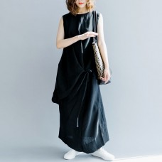 Elegant dark gray linen maxi dress oversized O neck baggy dresses linen clothing dress casual Sleeveless tie waist caftans