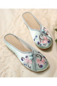 Women Green Embroideried Button Cotton Fabric Slide Sandals