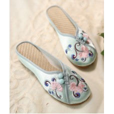 Women Green Embroideried Button Cotton Fabric Slide Sandals