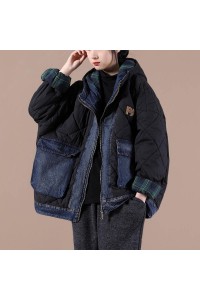 Fine black Parkas for women Loose fitting snow jackets hooded patchwork plaid winter outwear