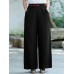 Women Solid Color Lace  Up Vintage Embroidery Wide Leg Pants With Pocket