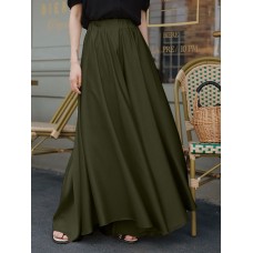 Women Solid Color Loose Casual Elastic Waist Wide Leg Pants With Pocket